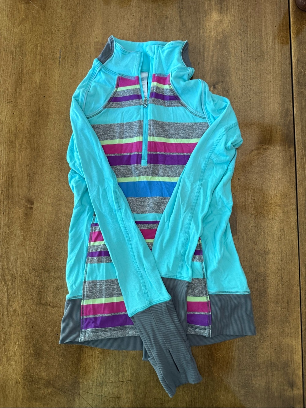 Ivivva Girls Aqua Teal Striped Half-Zip Hoodie